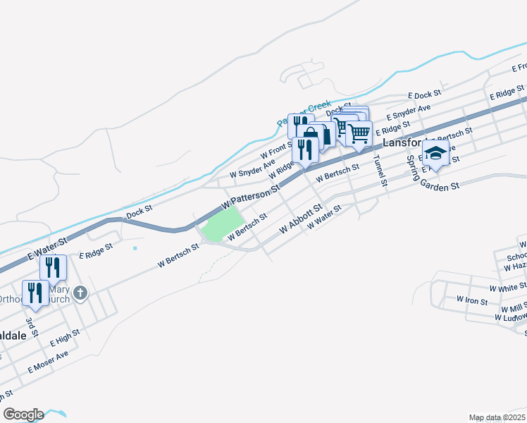 map of restaurants, bars, coffee shops, grocery stores, and more near 337 West Bertsch Street in Lansford