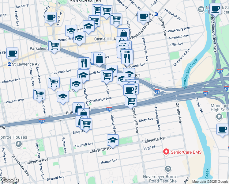 map of restaurants, bars, coffee shops, grocery stores, and more near 2122 Blackrock Avenue in Bronx