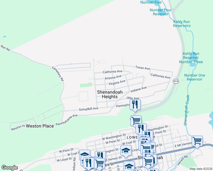 map of restaurants, bars, coffee shops, grocery stores, and more near 232 Virginia Avenue in Shenandoah