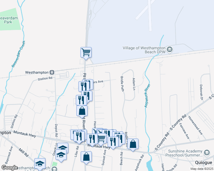 map of restaurants, bars, coffee shops, grocery stores, and more near 69 Rogers Avenue in Westhampton Beach
