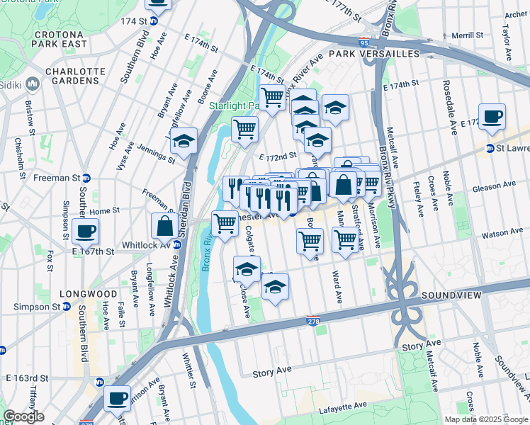 map of restaurants, bars, coffee shops, grocery stores, and more near 1483 Westchester Avenue in Bronx