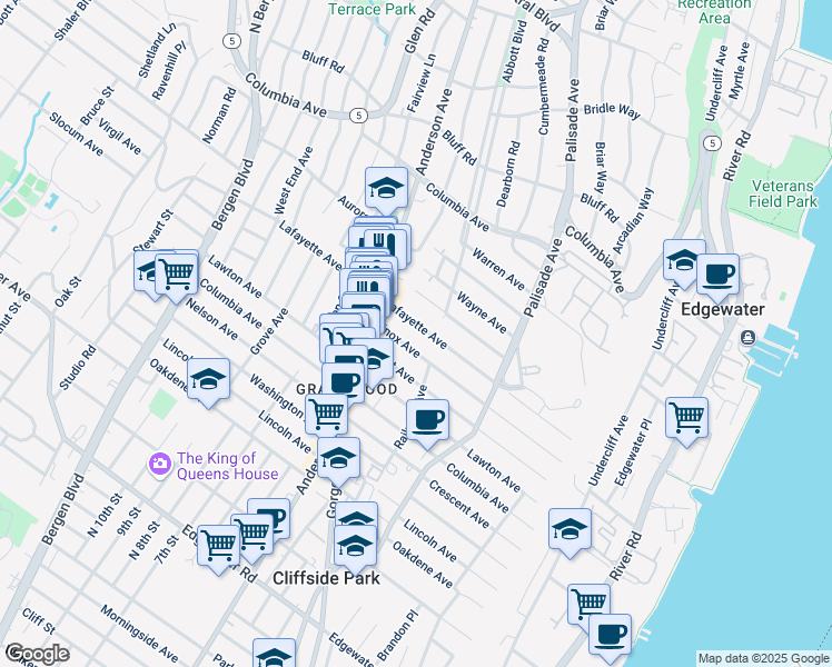 map of restaurants, bars, coffee shops, grocery stores, and more near 272 Lafayette Avenue in Cliffside Park