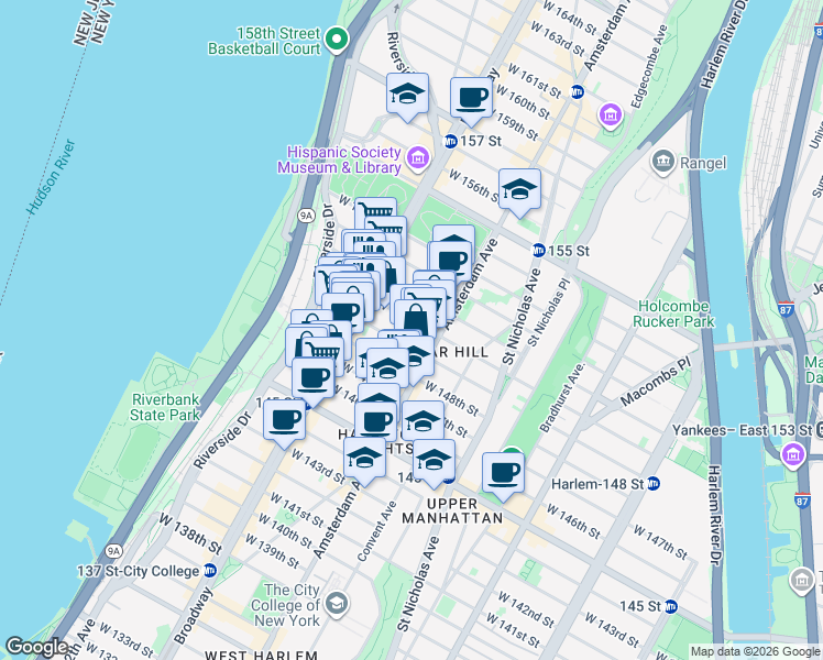 map of restaurants, bars, coffee shops, grocery stores, and more near 531 West 149th Street in New York