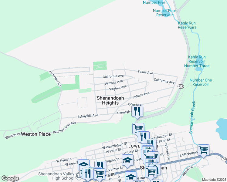 map of restaurants, bars, coffee shops, grocery stores, and more near 262 Virginia Avenue in Shenandoah