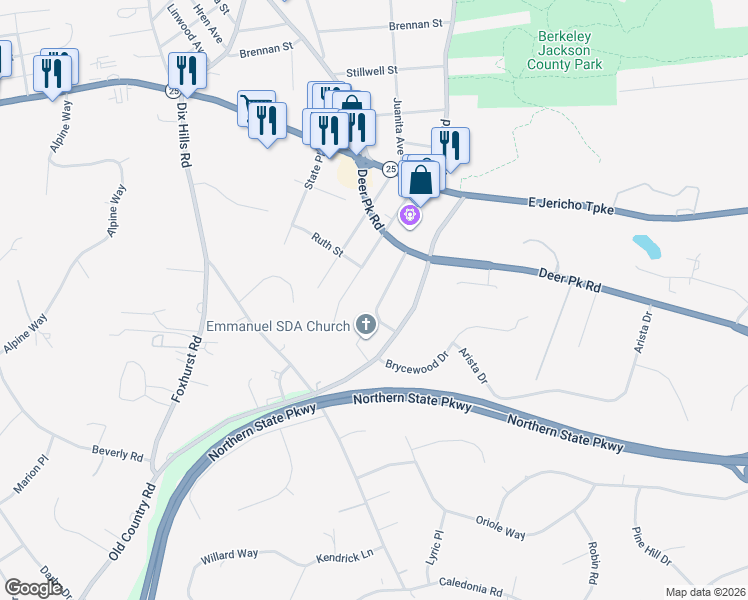 map of restaurants, bars, coffee shops, grocery stores, and more near 15 Gay Lore Drive in Huntington