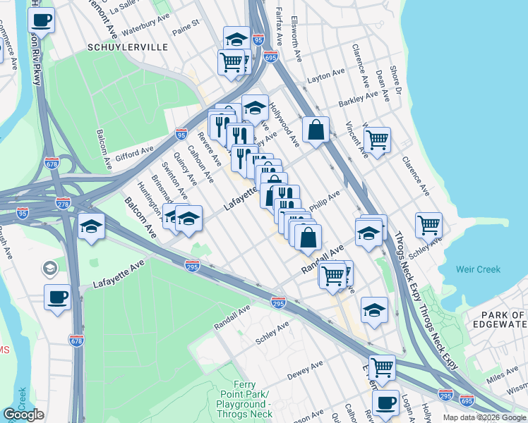 map of restaurants, bars, coffee shops, grocery stores, and more near 840 Revere Avenue in Bronx