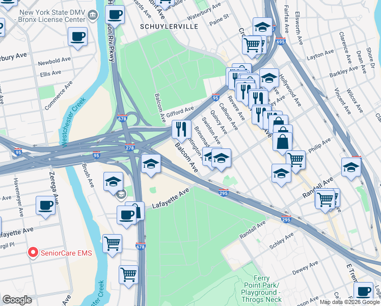 map of restaurants, bars, coffee shops, grocery stores, and more near 2738 Barkley Avenue in Bronx