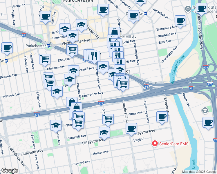 map of restaurants, bars, coffee shops, grocery stores, and more near 2122 Blackrock Avenue in The Bronx
