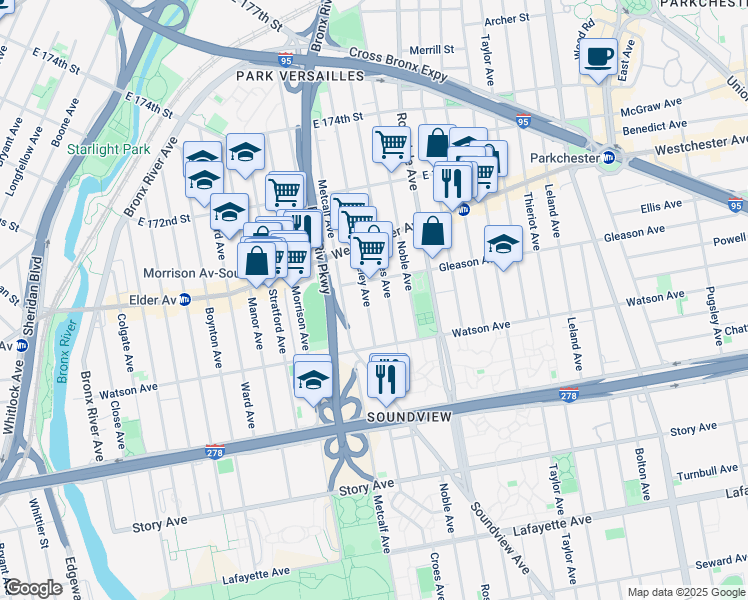 map of restaurants, bars, coffee shops, grocery stores, and more near 1143 Croes Avenue in Bronx