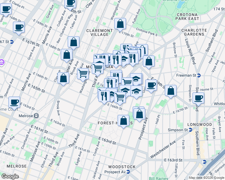 map of restaurants, bars, coffee shops, grocery stores, and more near in The Bronx