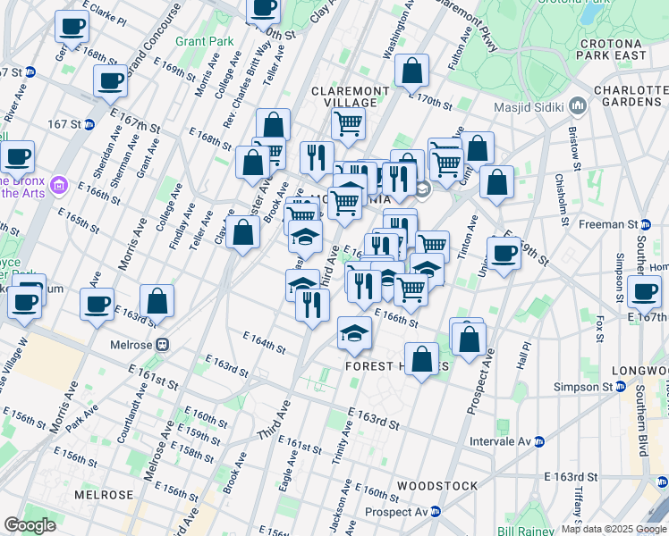 map of restaurants, bars, coffee shops, grocery stores, and more near 3416 Third Avenue in The Bronx