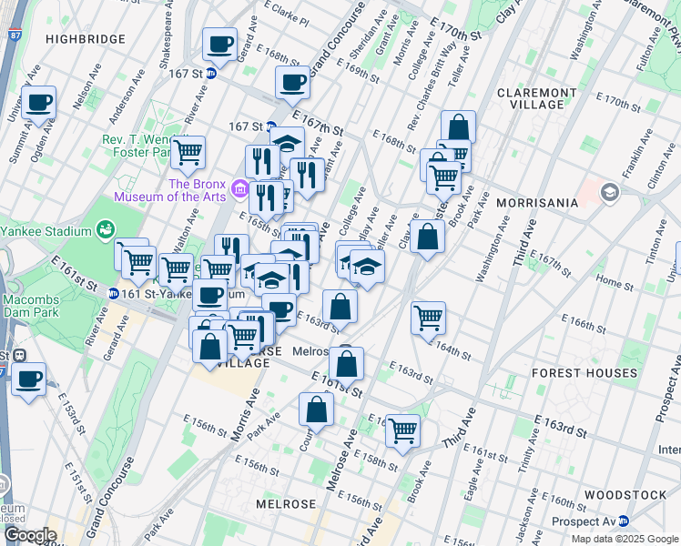 map of restaurants, bars, coffee shops, grocery stores, and more near in The Bronx