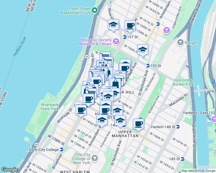 map of restaurants, bars, coffee shops, grocery stores, and more near 531 West 149th Street in New York