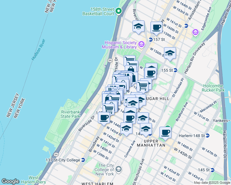 map of restaurants, bars, coffee shops, grocery stores, and more near 618 West 148th Street in New York