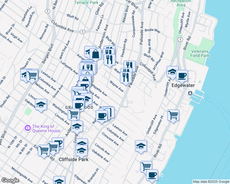 map of restaurants, bars, coffee shops, grocery stores, and more near 225 Franklin Avenue in Cliffside Park