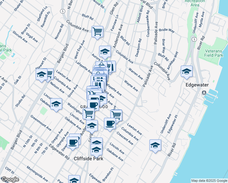 map of restaurants, bars, coffee shops, grocery stores, and more near 272 Lafayette Avenue in Cliffside Park