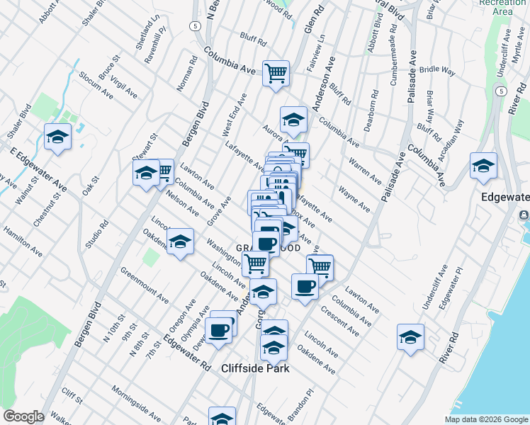 map of restaurants, bars, coffee shops, grocery stores, and more near 695 Anderson Avenue in Cliffside Park