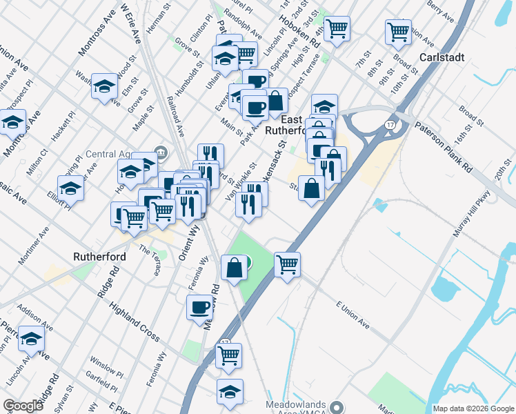 map of restaurants, bars, coffee shops, grocery stores, and more near 120 Orchard Street in East Rutherford