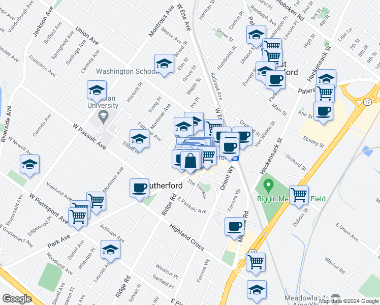 map of restaurants, bars, coffee shops, grocery stores, and more near 74 Kip Avenue in Rutherford