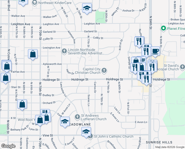 map of restaurants, bars, coffee shops, grocery stores, and more near 7621 Fairfax Avenue in Lincoln