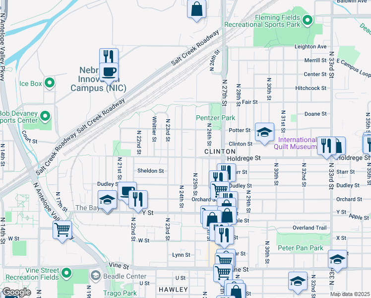 map of restaurants, bars, coffee shops, grocery stores, and more near 1520 North 24th Street in Lincoln