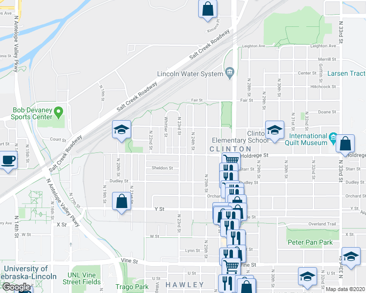 map of restaurants, bars, coffee shops, grocery stores, and more near 2302 Holdrege Street in Lincoln