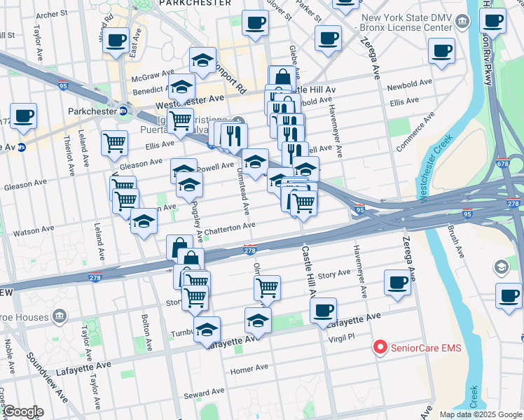 map of restaurants, bars, coffee shops, grocery stores, and more near 2122 Blackrock Avenue in The Bronx