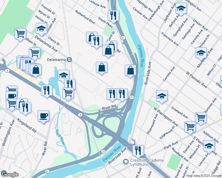 map of restaurants, bars, coffee shops, grocery stores, and more near 61 Delawanna Avenue in Clifton