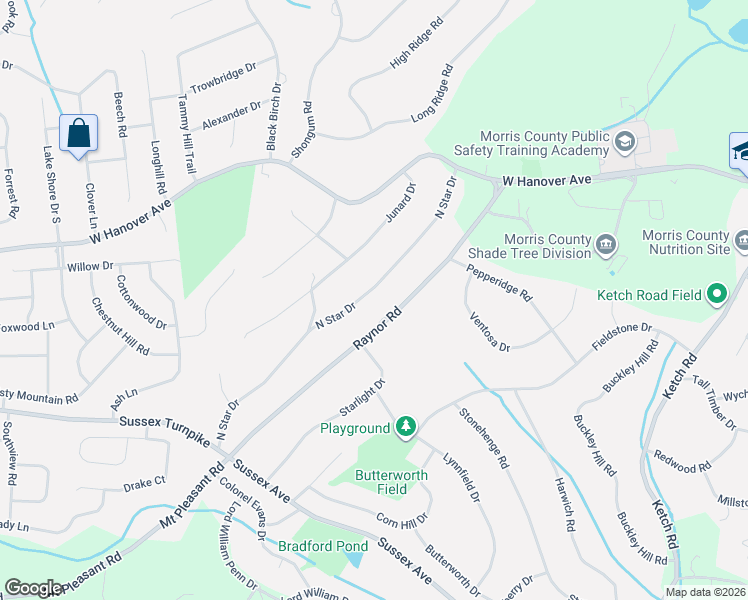 map of restaurants, bars, coffee shops, grocery stores, and more near 36 North Star Drive in Morristown