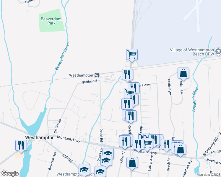 map of restaurants, bars, coffee shops, grocery stores, and more near 86 Depot Road in Westhampton Beach
