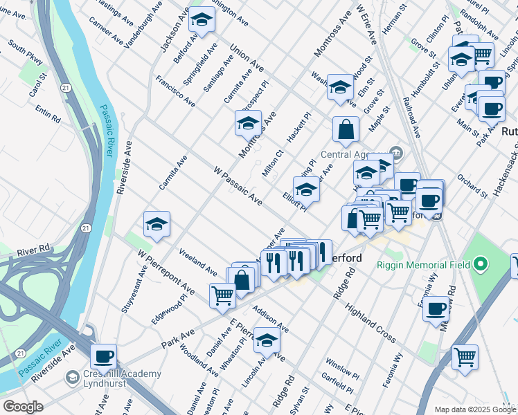 map of restaurants, bars, coffee shops, grocery stores, and more near 119 West Passaic Avenue in Rutherford