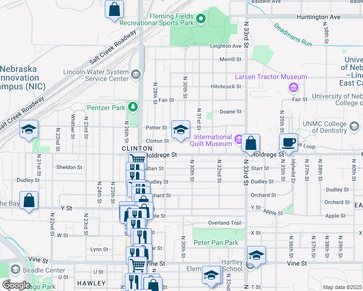 map of restaurants, bars, coffee shops, grocery stores, and more near 1520 North 29th Street in Lincoln