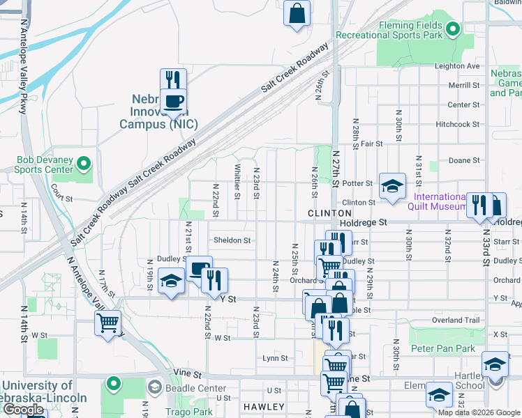 map of restaurants, bars, coffee shops, grocery stores, and more near 2302 Holdrege Street in Lincoln