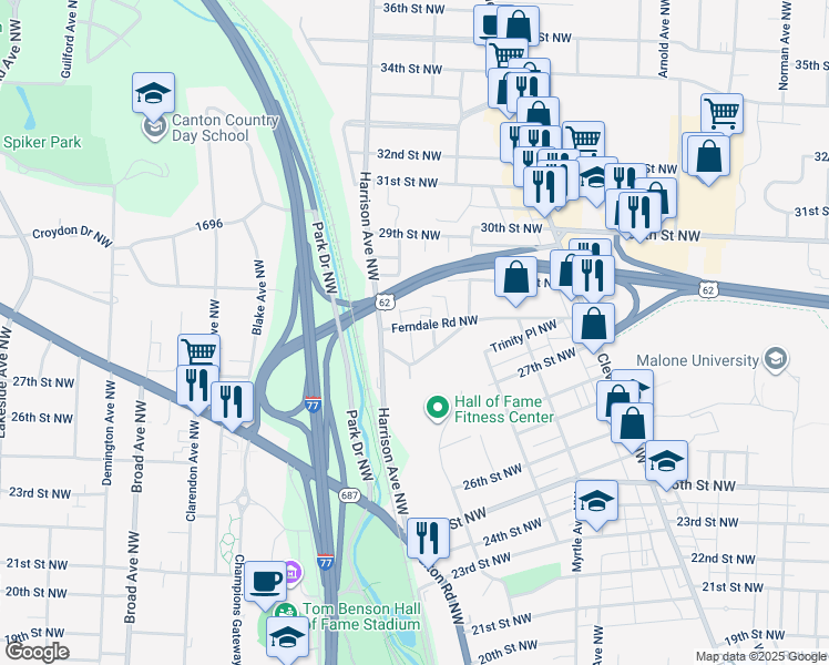 map of restaurants, bars, coffee shops, grocery stores, and more near 1918 Ferndale Road Northwest in Canton