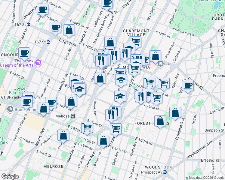 map of restaurants, bars, coffee shops, grocery stores, and more near 422 East 166th Street in Bronx