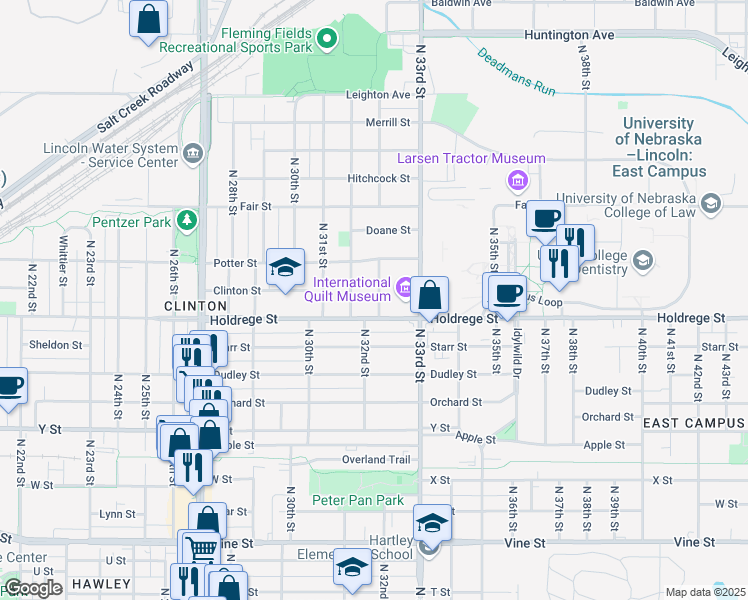 map of restaurants, bars, coffee shops, grocery stores, and more near 1533 Grace Street in Lincoln