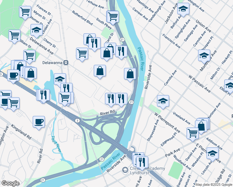 map of restaurants, bars, coffee shops, grocery stores, and more near 51 Johnson Street in Clifton