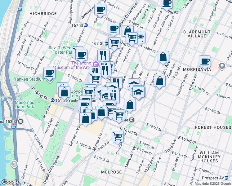 map of restaurants, bars, coffee shops, grocery stores, and more near 985 Morris Avenue in Bronx