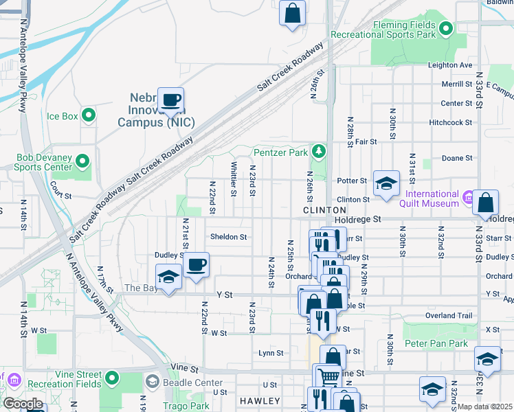 map of restaurants, bars, coffee shops, grocery stores, and more near 1524 North 23rd Street in Lincoln