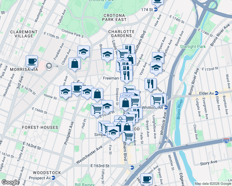map of restaurants, bars, coffee shops, grocery stores, and more near 927 Home Street in The Bronx