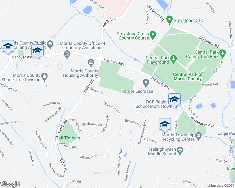 map of restaurants, bars, coffee shops, grocery stores, and more near 15 Manor Drive in Morristown