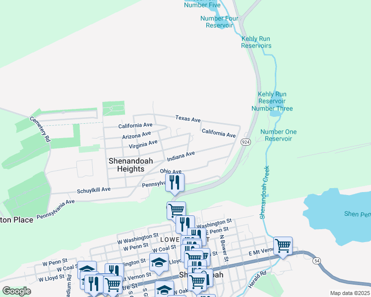 map of restaurants, bars, coffee shops, grocery stores, and more near 382 Florida Avenue in Shenandoah