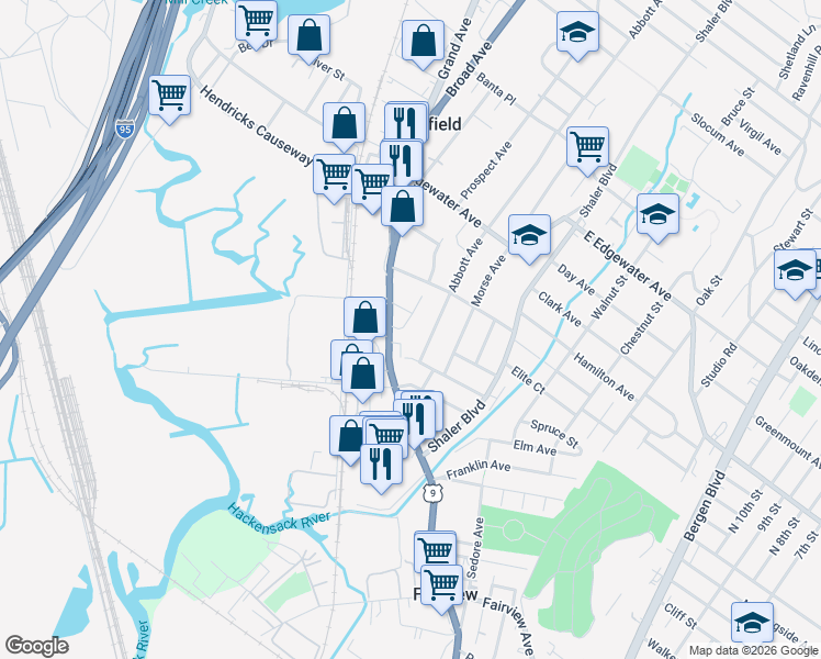 map of restaurants, bars, coffee shops, grocery stores, and more near 432 Broad Avenue in Ridgefield