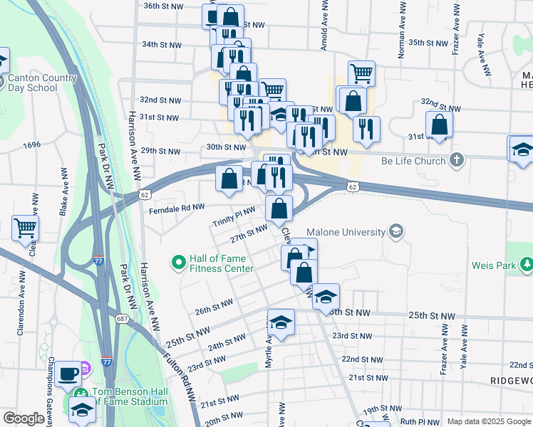 map of restaurants, bars, coffee shops, grocery stores, and more near 2708 Shorb Avenue Northwest in Canton