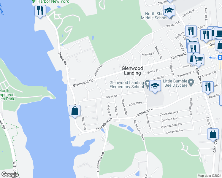 map of restaurants, bars, coffee shops, grocery stores, and more near Hillside Avenue in Glenwood Landing