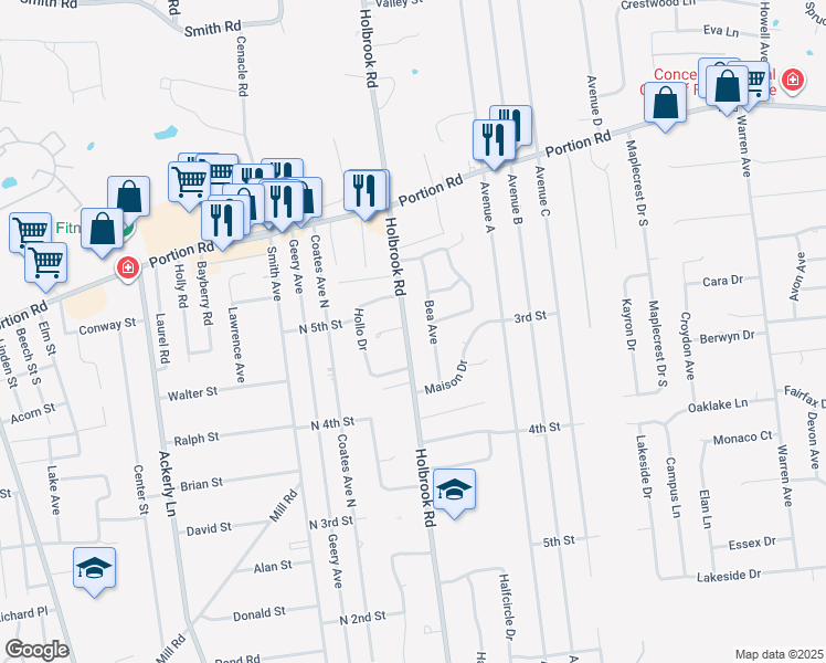 map of restaurants, bars, coffee shops, grocery stores, and more near 201 Holbrook Road South in Ronkonkoma