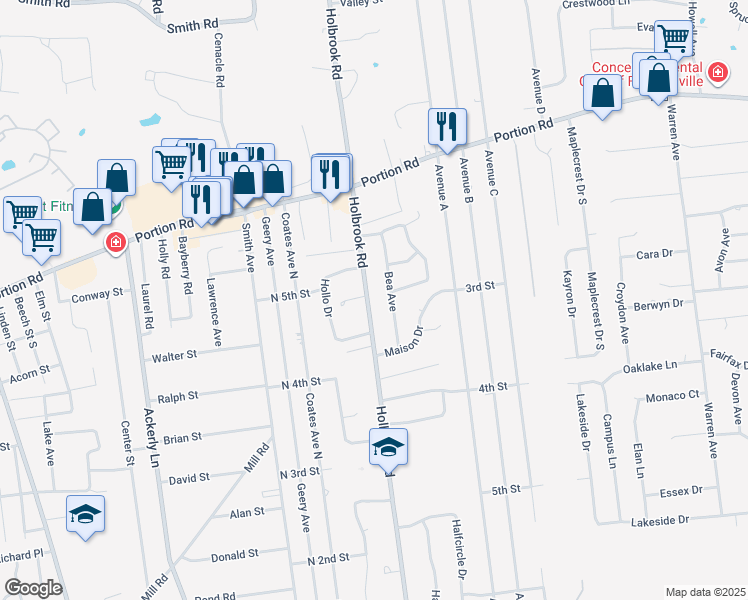 map of restaurants, bars, coffee shops, grocery stores, and more near 201 Holbrook Road South in Ronkonkoma