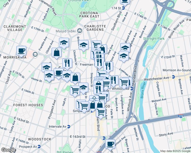 map of restaurants, bars, coffee shops, grocery stores, and more near 927 Home Street in Bronx