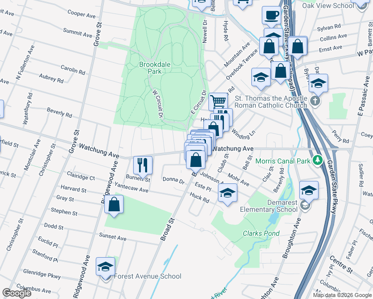 map of restaurants, bars, coffee shops, grocery stores, and more near 477 Watchung Avenue in Bloomfield