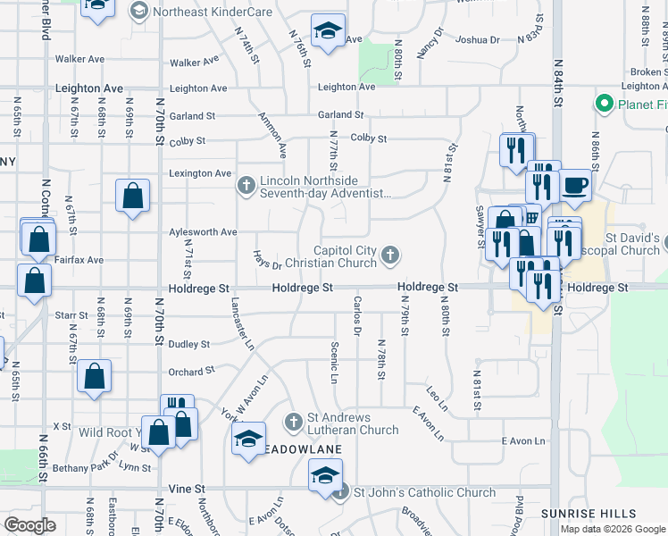 map of restaurants, bars, coffee shops, grocery stores, and more near 7621 Fairfax Avenue in Lincoln